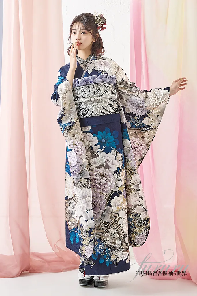 正絹振袖 熨斗花文 暈し染め 銀彩 振袖セット 振袖フルセット 青系 23