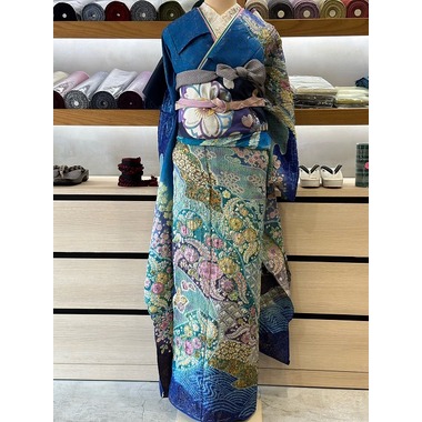 う12)青紫の祝い青海波模様に本絞りや手描き✨アンティーク振袖⑤点