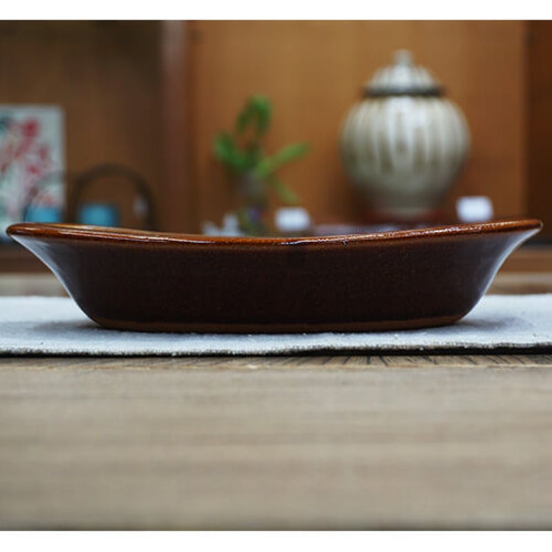 和食器 布志名焼 湯町窯 オーバル 皿 21cm 浪紋濃茶 黄釉 | うつわの店