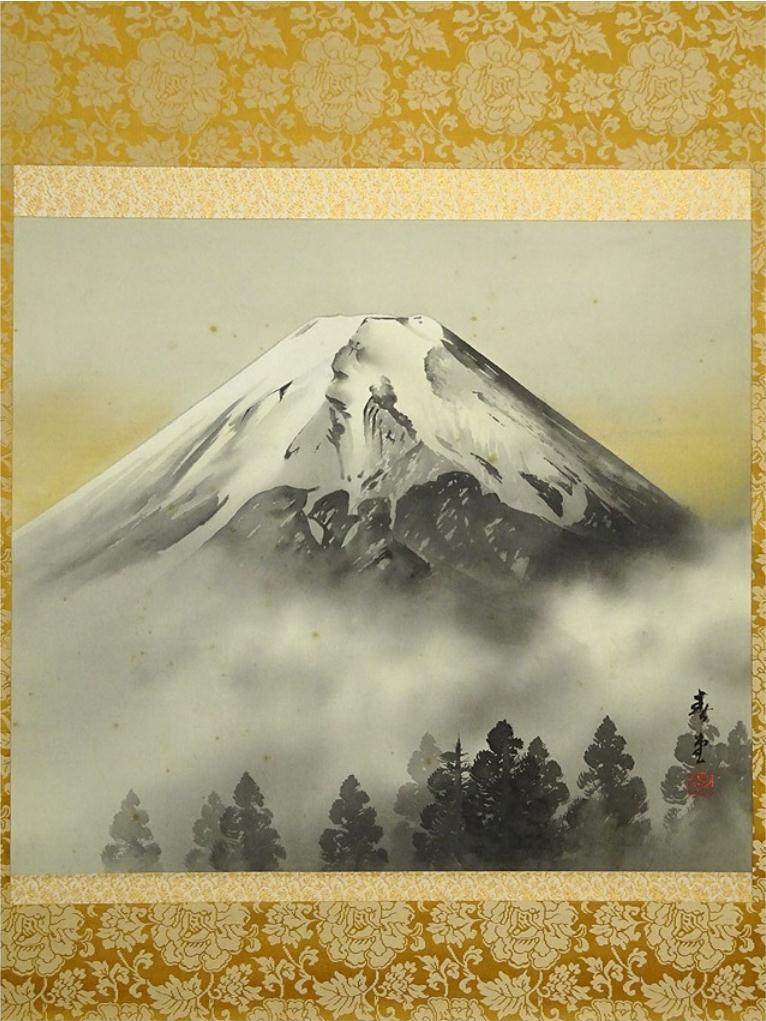 富士山の日本画 掛け軸 木製ケース付き