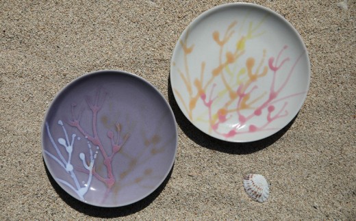 datta.沖縄南の島陶芸工房】珊瑚プレート 取り皿（2枚セット）紅掛空色