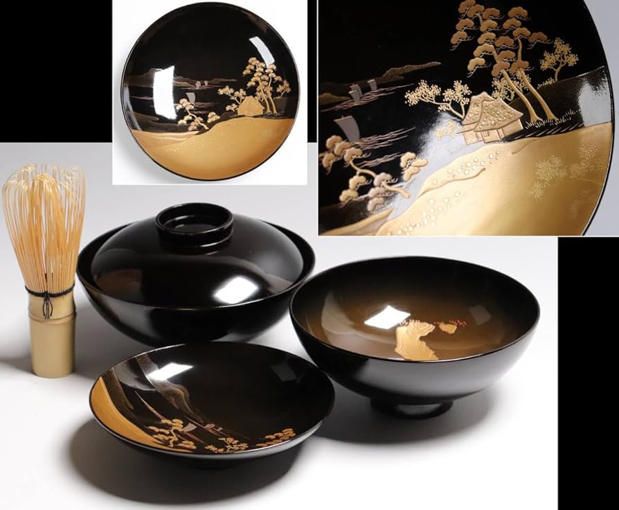 Amazon.co.jp: CG66時代輪島塗山水金蒔絵黒塗御吸物椀二客木製漆器研出