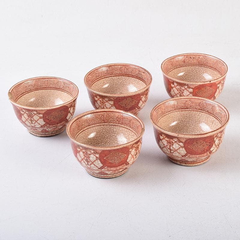 九谷焼　古九谷　八郎手赤絵金彩　煎茶碗　ぐい呑　五客　M　R9168 九谷焼 古九谷 八郎手赤絵金彩 煎茶碗 ぐい呑 五客 M R9168