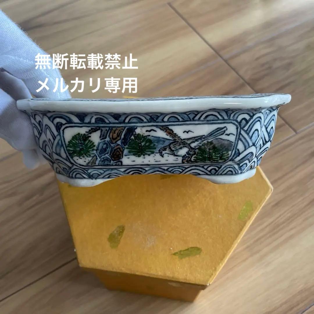 盆栽鉢　桑津香石　絵鉢　大きめ長方形　鳥　松　小品盆栽 盆栽鉢 桑津香石 絵鉢 大きめ長方形 鳥 松 小品盆栽