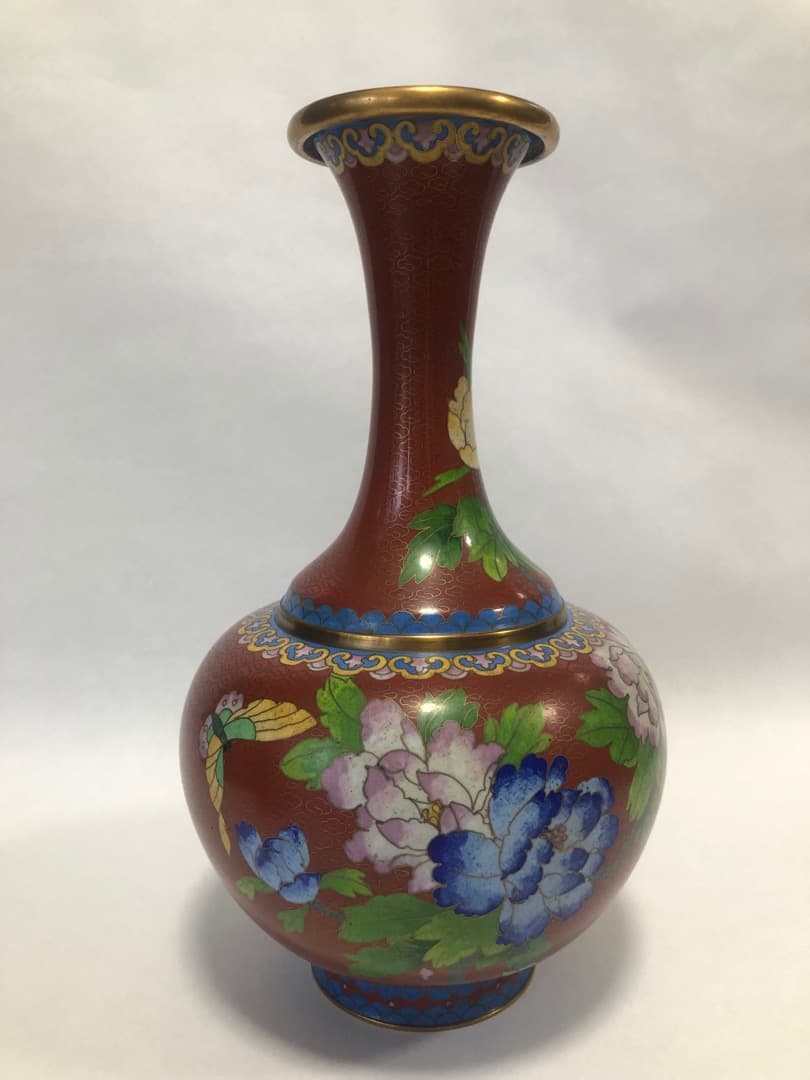 中国美術 七宝焼 琺瑯彩絵花瓶 高さ31cm 台付 美品